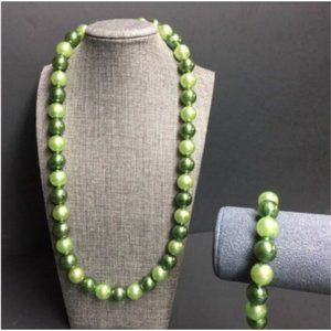 VTG Pop Bead Necklace Bracelet Light Dark Green Pearl Adjustable Retro